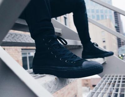 SQ urban look with black sneakers on metal stairs copy